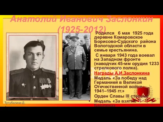 Анатолий Иванович Заслонкин (1925-2012) Родился 6 мая 1925 года деревне