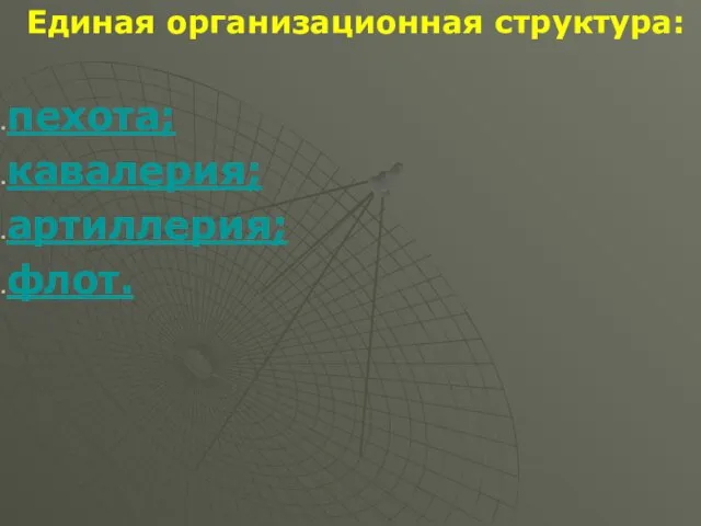 Единая организационная структура: пехота; кавалерия; артиллерия; флот.