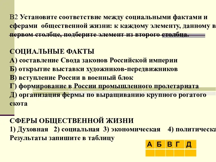 В2 Установите соответствие между социальными фактами и сферами общественной жизни: