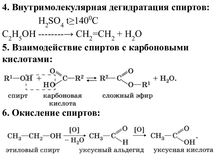 4. Внутримолекулярная дегидратация спиртов: H2SO4 t≥1400C С2H5OH --------→ CH2=CH2 +