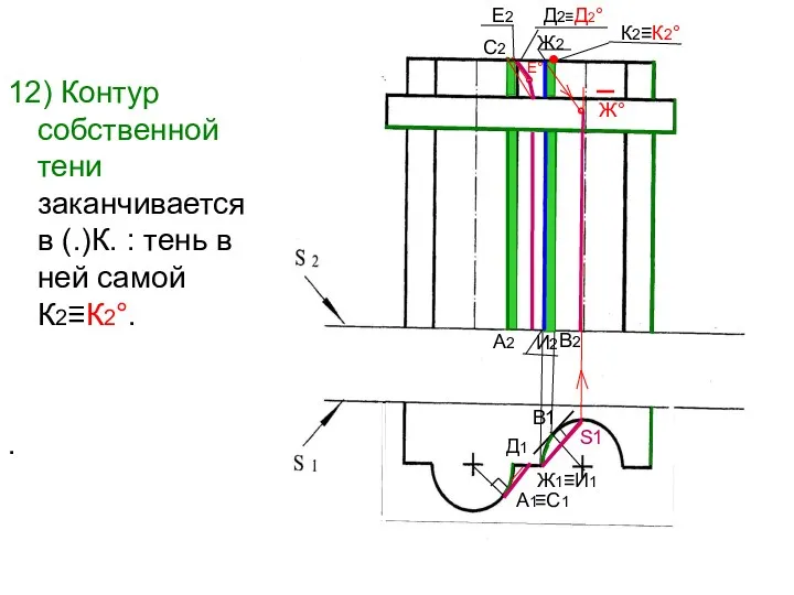 12) Контур собственной тени заканчивается в (.)К. : тень в