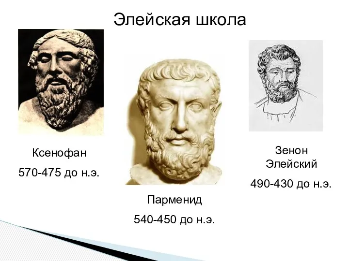 Элейская школа Ксенофан 570-475 до н.э. Парменид 540-450 до н.э. Зенон Элейский 490-430 до н.э.