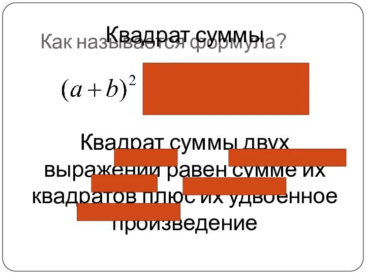 Как называется формула? Квадрат суммы Квадрат суммы двух выражений равен