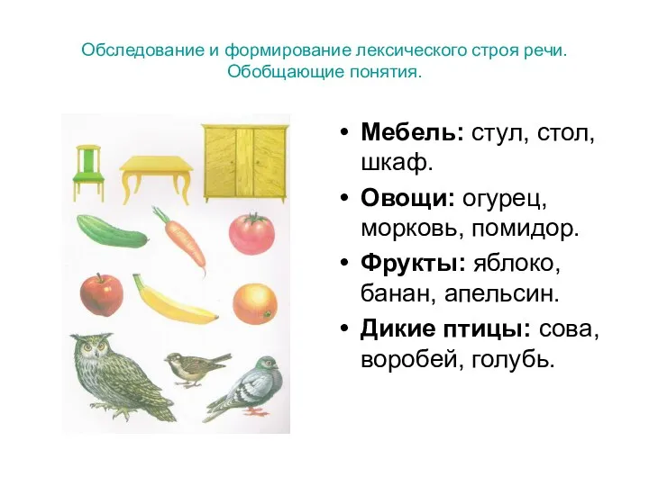 Обследование и формирование лексического строя речи. Обобщающие понятия. Мебель: стул,