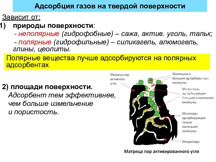 Адсорбция газов на твердой поверхности Зависит от: природы поверхности: -