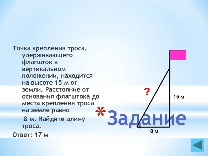 Задание Точка крепления троса, удерживающего флагшток в вертикальном положении, находится