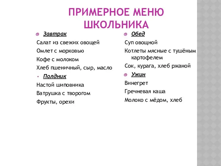 ПРИМЕРНОЕ МЕНЮ ШКОЛЬНИКА Завтрак Салат из свежих овощей Омлет с