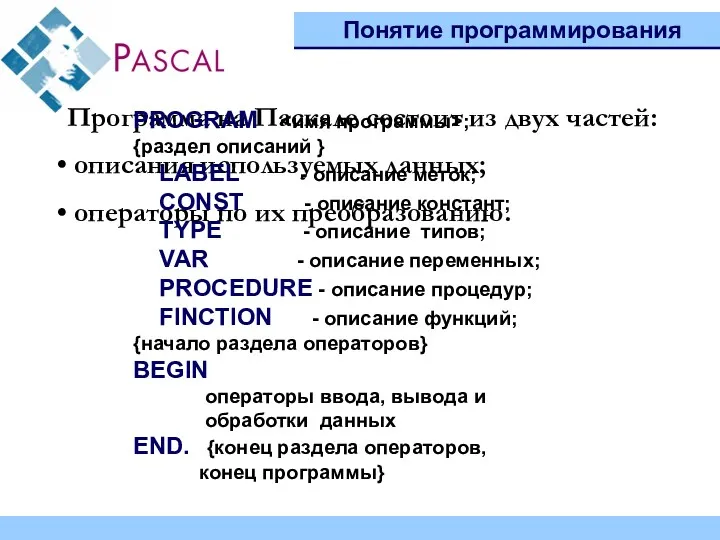 Понятие программирования Программа на Паскале состоит из двух частей: описания