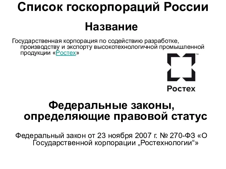Список госкорпораций России Название Государственная корпорация по содействию разработке, производству