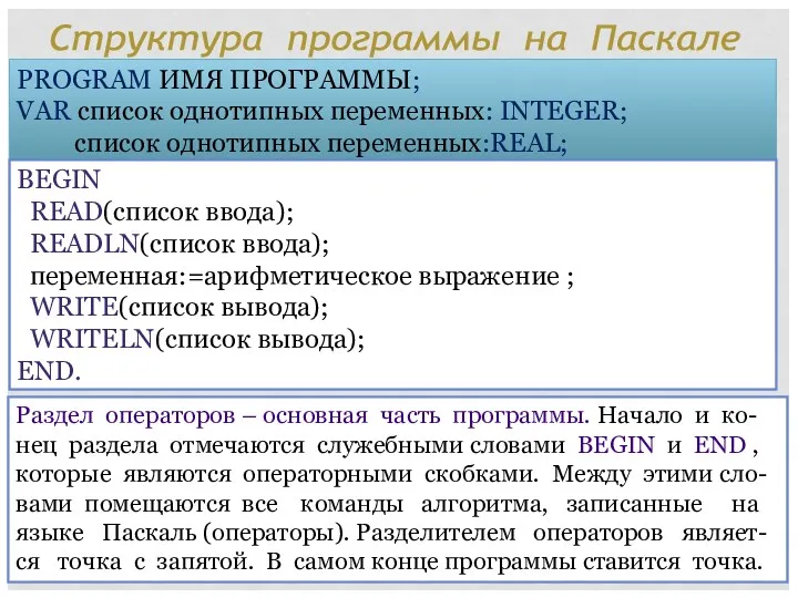 Раздел операторов – основная часть программы. Начало и ко-нец раздела