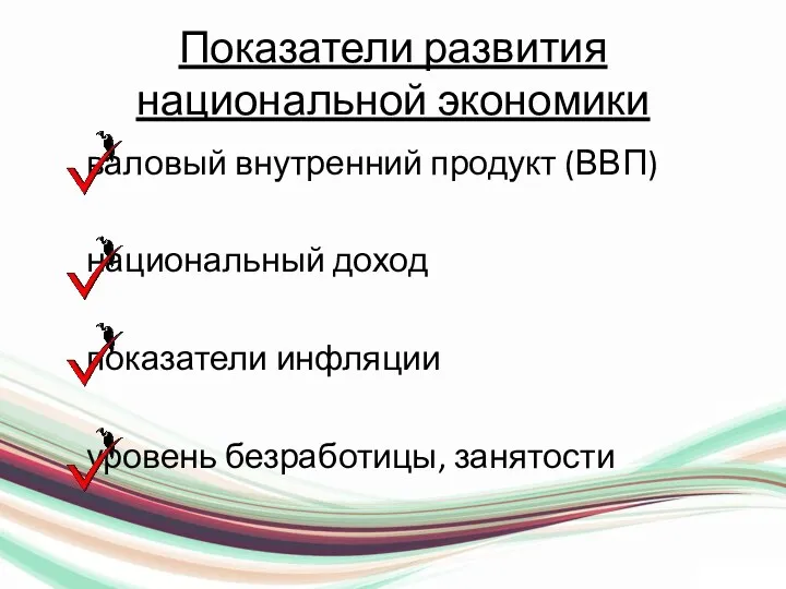 Показатели развития национальной экономики валовый внутренний продукт (ВВП) национальный доход показатели инфляции уровень безработицы, занятости