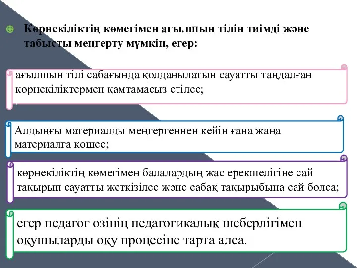 Көрнекіліктің көмегімен ағылшын тілін тиімді және табысты меңгерту мүмкін, егер: