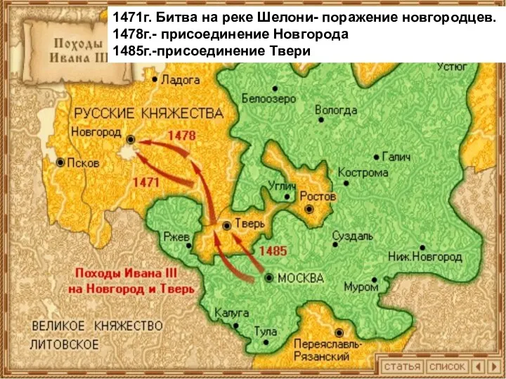 1471г. Битва на реке Шелони- поражение новгородцев. 1478г.- присоединение Новгорода 1485г.-присоединение Твери