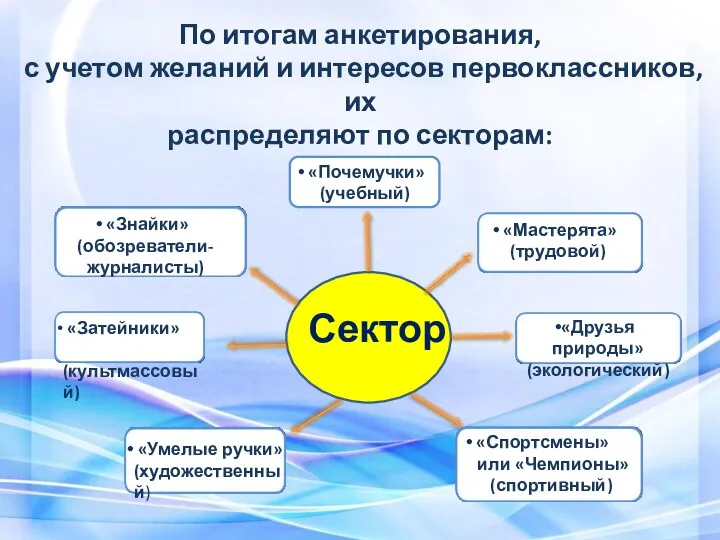 По итогам анкетирования, с учетом желаний и интересов первоклассников, их распределяют по секторам: