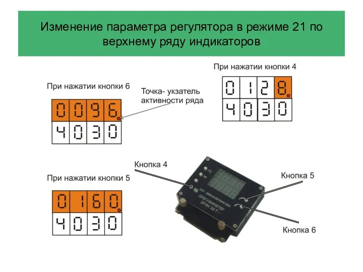 Изменение параметра регулятора в режиме 21 по верхнему ряду индикаторов