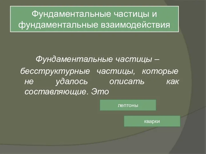 Фундаментальные частицы и фундаментальные взаимодействия Фундаментальные частицы – бесструктурные частицы,