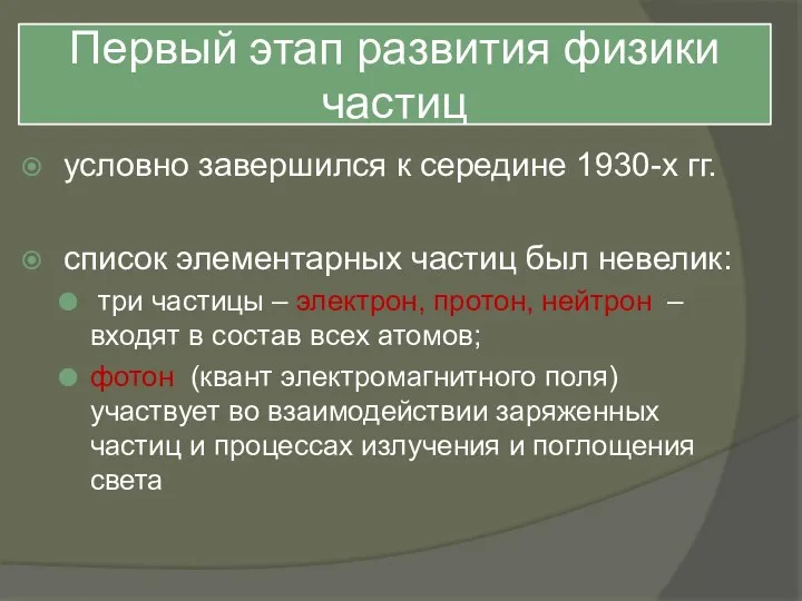 Первый этап развития физики частиц условно завершился к середине 1930-х