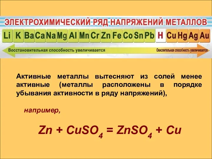 Активные металлы вытесняют из солей менее активные (металлы расположены в