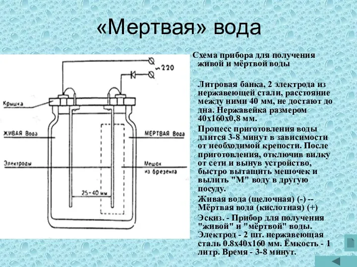 «Мертвая» вода Схема прибора для получения живой и мёртвой воды