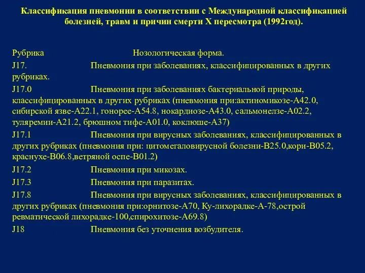 Классификация пневмонии в соответствии с Международной классификацией болезней, травм и