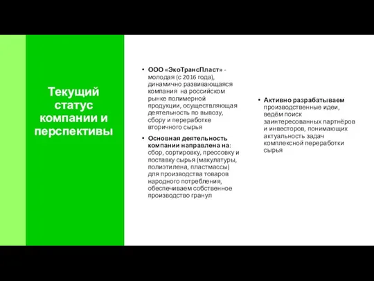 Текущий статус компании и перспективы ООО «ЭкоТрансПласт» - молодая (с