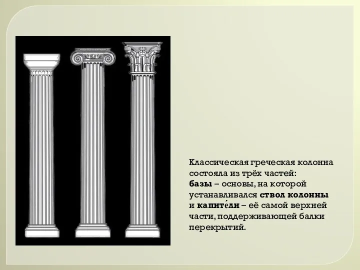 Классическая греческая колонна состояла из трёх частей: базы – основы,
