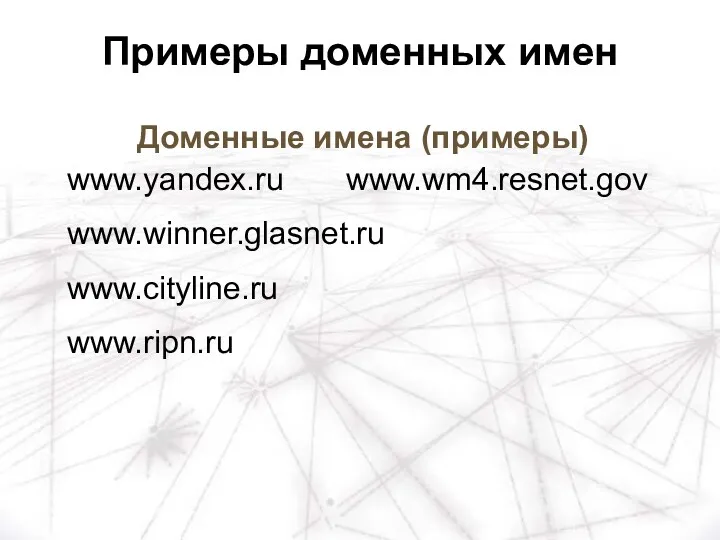 Доменные имена (примеры) www.yandex.ru www.wm4.resnet.gov www.winner.glasnet.ru www.cityline.ru www.ripn.ru Примеры доменных имен