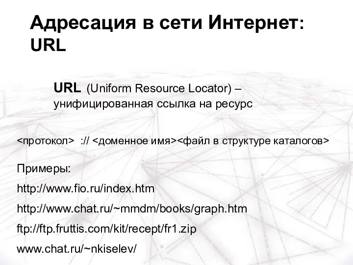 :// Примеры: http://www.fio.ru/index.htm http://www.chat.ru/~mmdm/books/graph.htm ftp://ftp.fruttis.com/kit/recept/fr1.zip www.chat.ru/~nkiselev/ Адресация в сети Интернет: