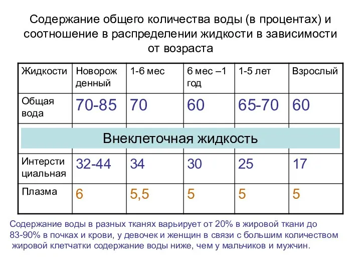 Содержание общего количества воды (в процентах) и соотношение в распределении