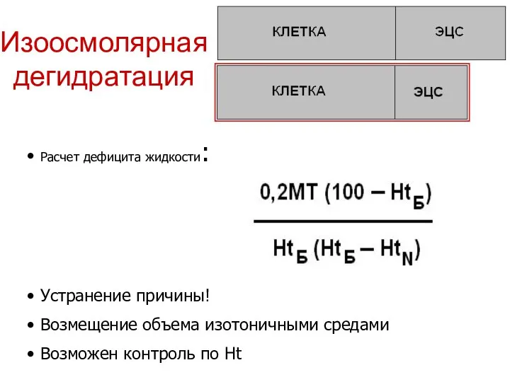 Изоосмолярная дегидратация Расчет дефицита жидкости: Устранение причины! Возмещение объема изотоничными средами Возможен контроль по Ht