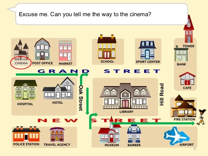 Excuse me. Can you tell me the way to the cinema? Oak Street Hill Road