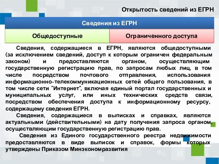 Открытость сведений из ЕГРН Сведения, содержащиеся в ЕГРН, являются общедоступными