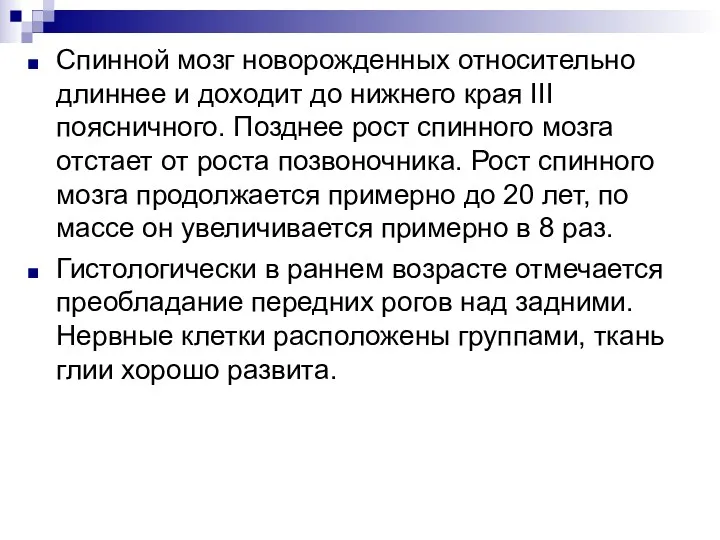 Спинной мозг новорожденных относительно длиннее и доходит до нижнего края