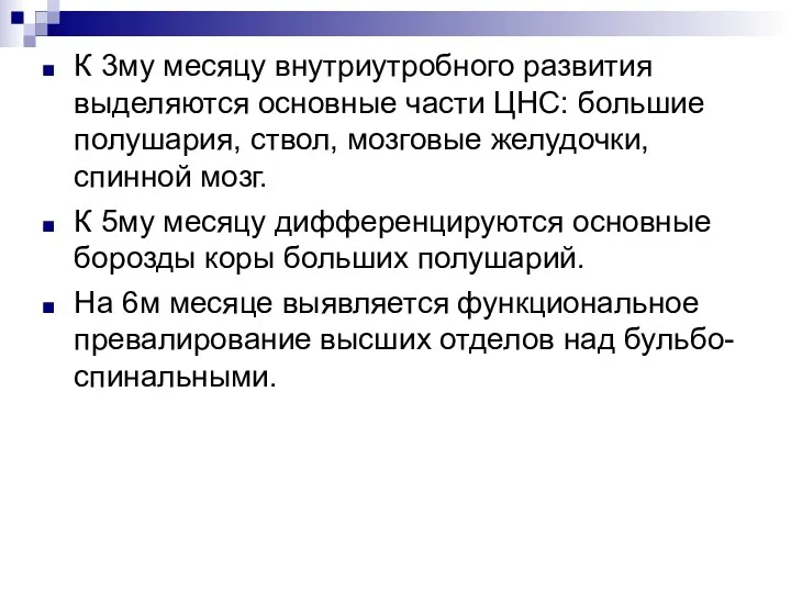 К 3му месяцу внутриутробного развития выделяются основные части ЦНС: большие