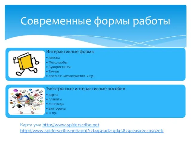 Современные формы работы Карта ума http://www.spiderscribe.net http://www.spiderscribe.net/app/?12f4991ad219d45829cea9c2cc0932eb