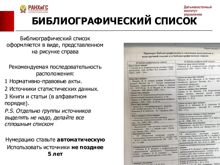 БИБЛИОГРАФИЧЕСКИЙ СПИСОК Библиографический список оформляется в виде, представленном на рисунке