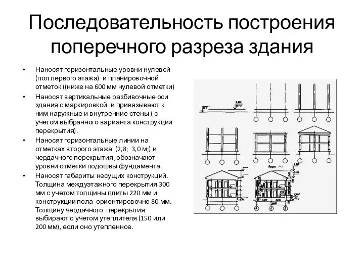 Последовательность построения поперечного разреза здания Наносят горизонтальные уровни нулевой (пол первого этажа) и