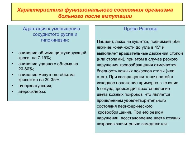 Характеристика функционального состояния организма больного после ампутации Адаптация к уменьшению