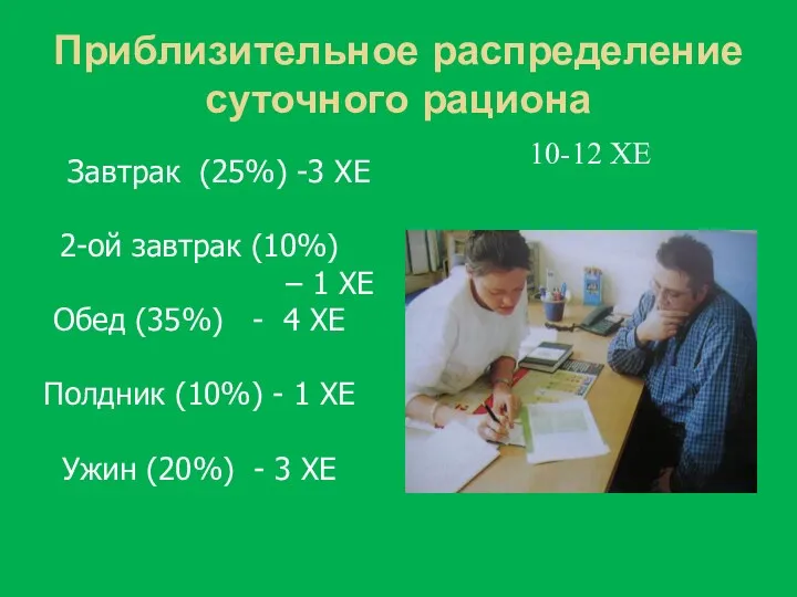 Приблизительное распределение суточного рациона 10-12 ХЕ Завтрак (25%) -3 ХЕ