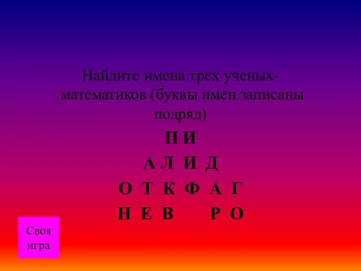 Своя игра Найдите имена трех ученых-математиков (буквы имен записаны подряд)