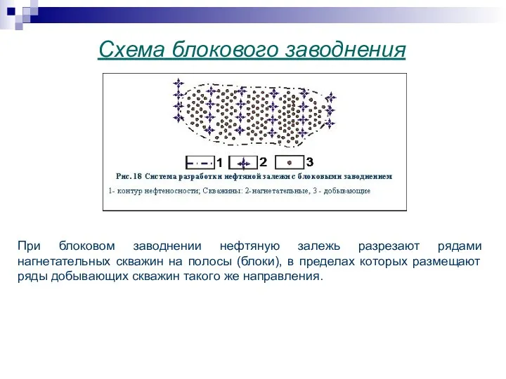 Схема блокового заводнения При блоковом заводнении нефтяную залежь разрезают рядами