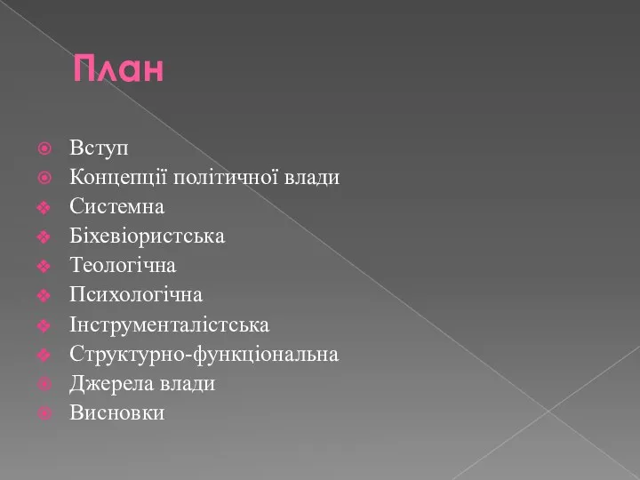 План Вступ Концепції політичної влади Системна Біхевіористська Теологічна Психологічна Інструменталістська Структурно-функціональна Джерела влади Висновки