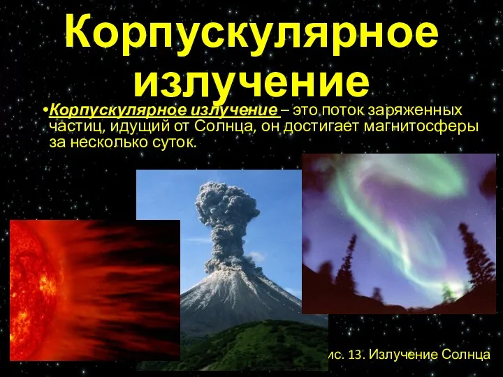 Корпускулярное излучение Корпускулярное излучение – это поток заряженных частиц, идущий