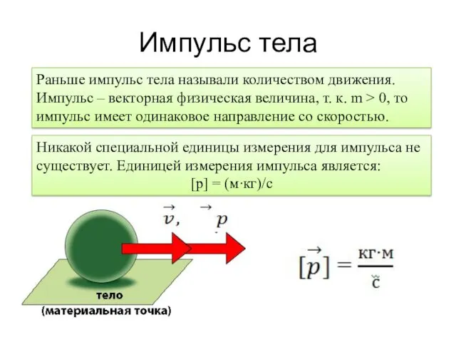 Импульс тела Раньше импульс тела называли количеством движения. Импульс –