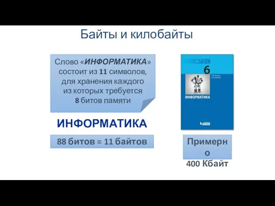 Байты и килобайты Слово «ИНФОРМАТИКА» состоит из 11 символов, для