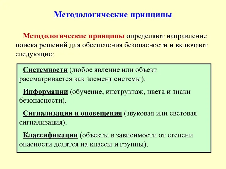 Методологические принципы Методологические принципы определяют направление поиска решений для обеспечения