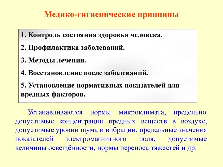 Медико-гигиенические принципы 1. Контроль состояния здоровья человека. 2. Профилактика заболеваний.