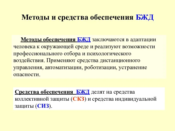 Методы и средства обеспечения БЖД Методы обеспечения БЖД заключаются в