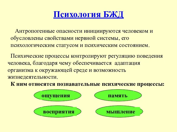 Психология БЖД Антропогенные опасности инициируются человеком и обусловлены свойствами нервной