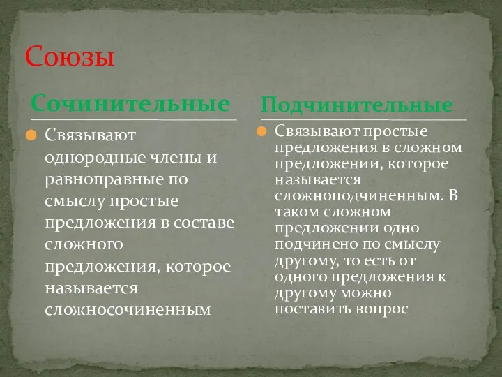 Сочинительные Связывают однородные члены и равноправные по смыслу простые предложения